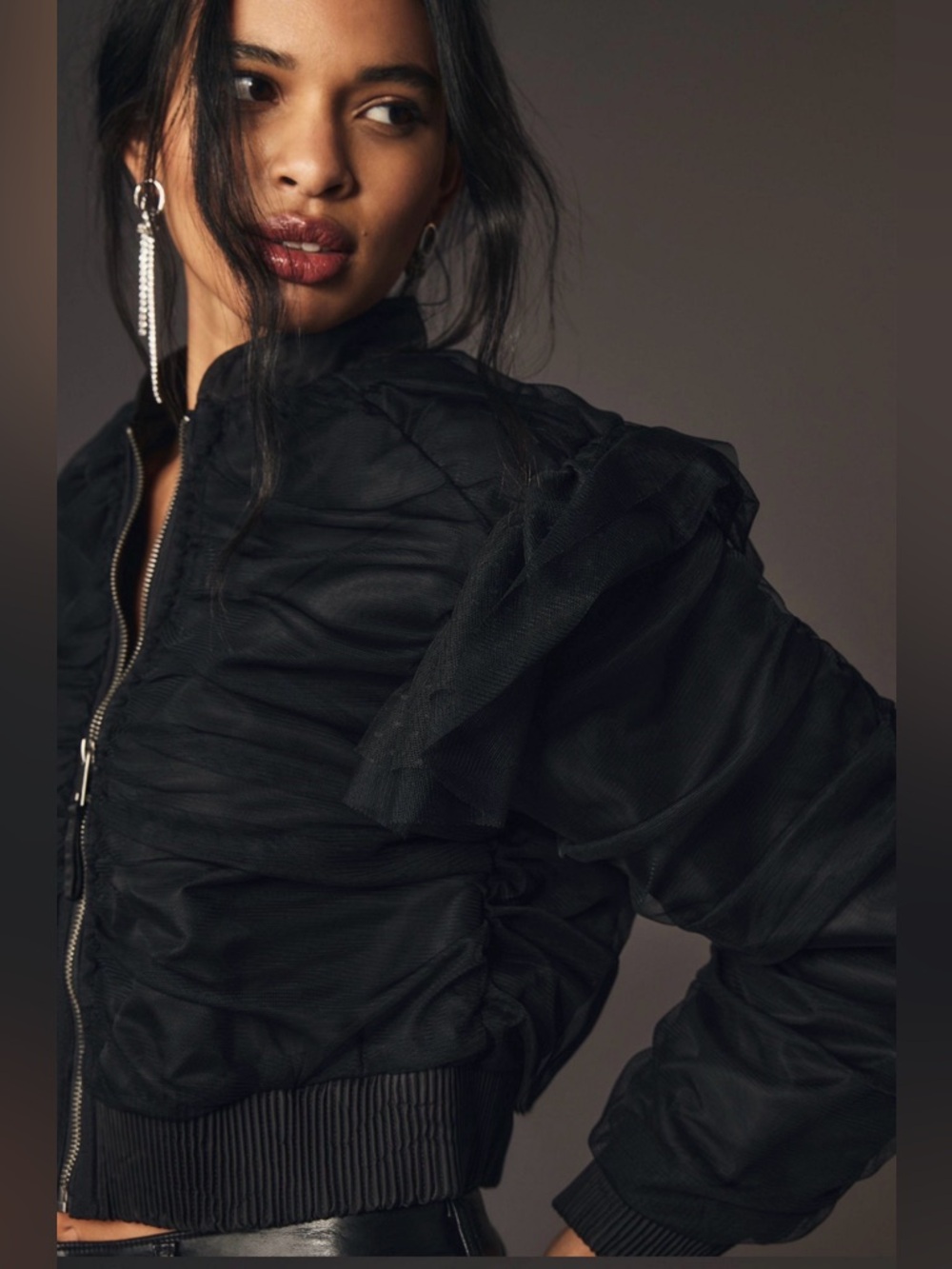 Anthropologie Black Ruched Tulle Mesh Bomber Jacket Ruffle Statement Coat M NWOT